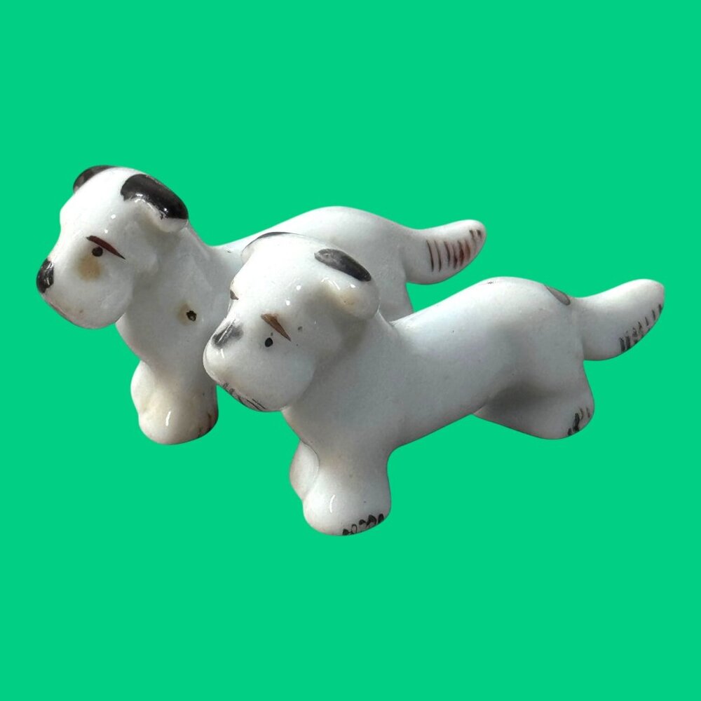 Vintage Japan Ceramic Dog Figurines  2.5" Long Set Of 2 Terrier Spaniel Mini